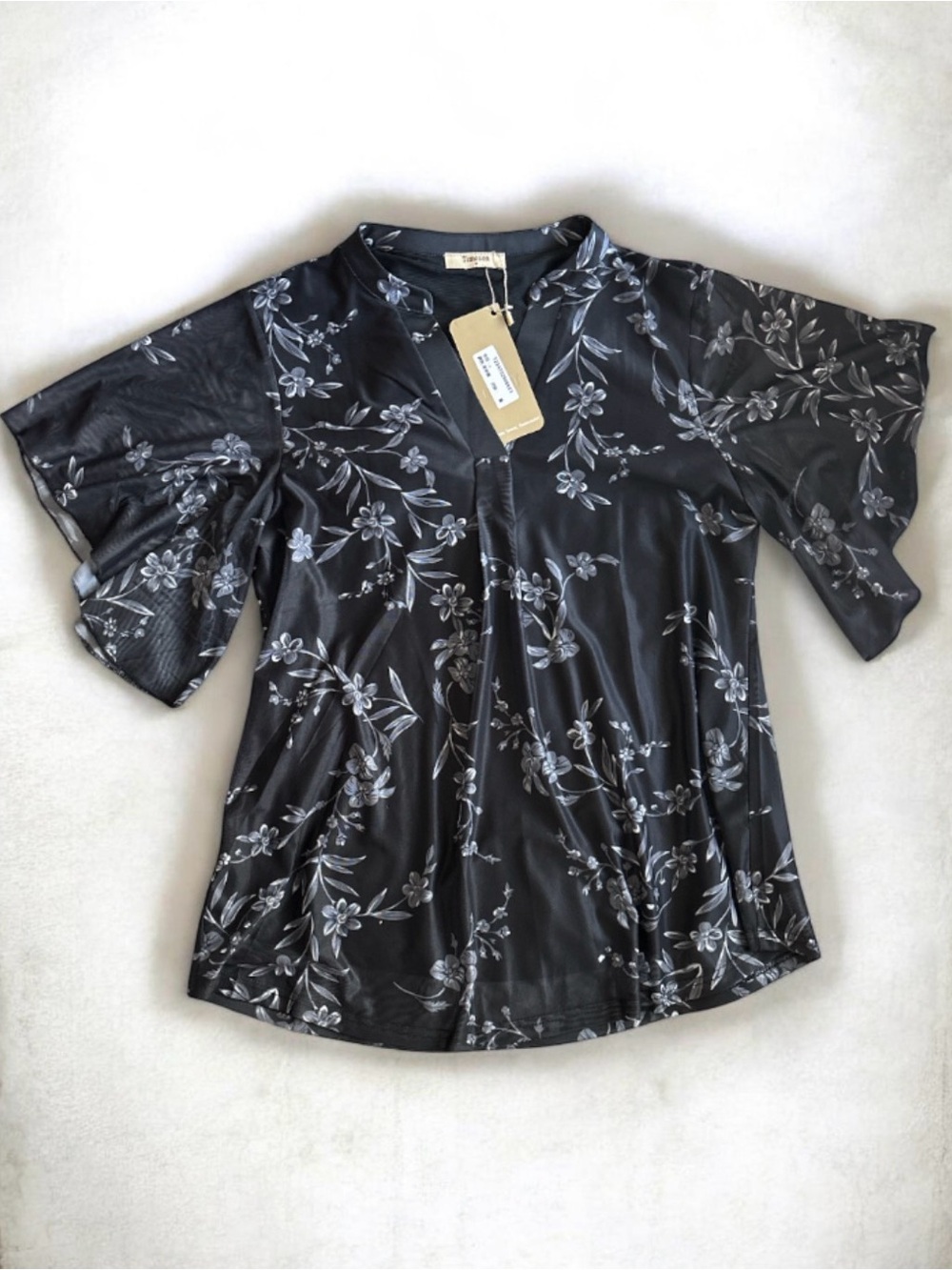 NWT Timeson Black Floral Mesh V-Neck Blouse Medium Flutter Sleeve
